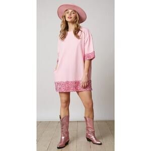 Bubble Gum Pink Sequins Trim Crew Neck Mini Shirt Dress Valentines Women's M